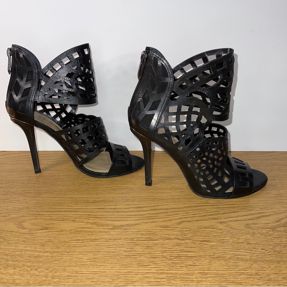 BCBG MAXAZRIA Ma-Maven SZ 6.5 Heels Black Leather And Laser Cut Out Back Zip